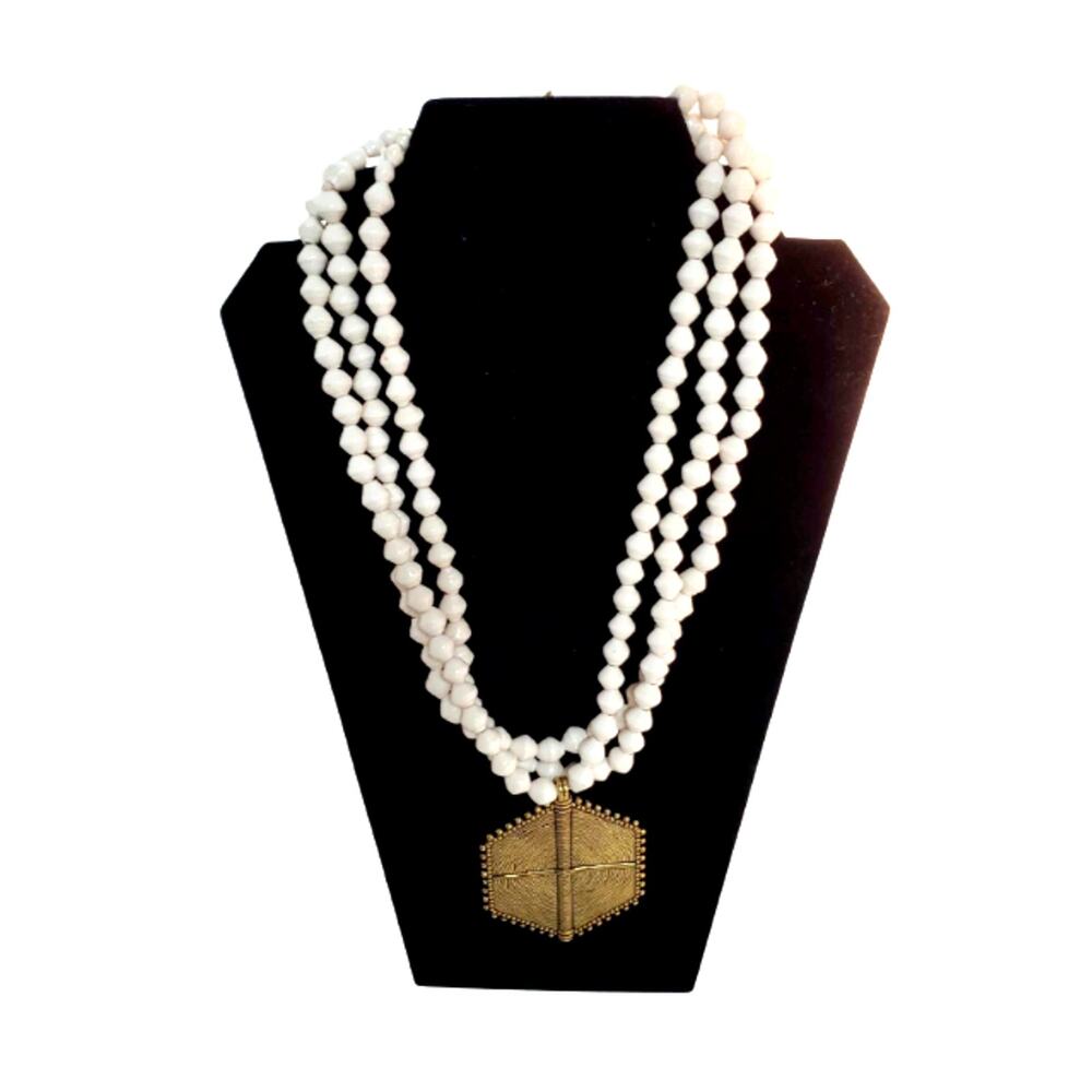 NEW - Akola Necklace with Three Strands White Uganda Paper Beads & Brass Pendant